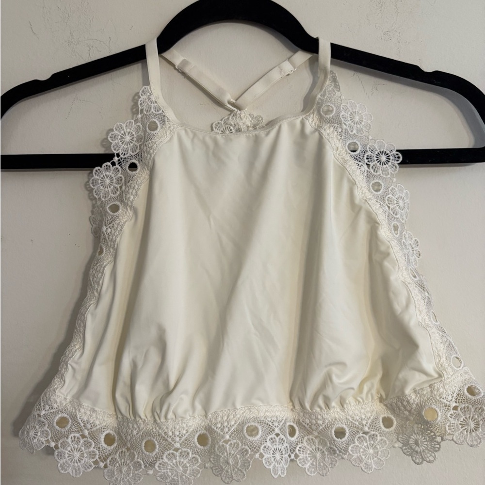 Aerie White Lace Applique Back Crop Top Bralette Size XL feminine